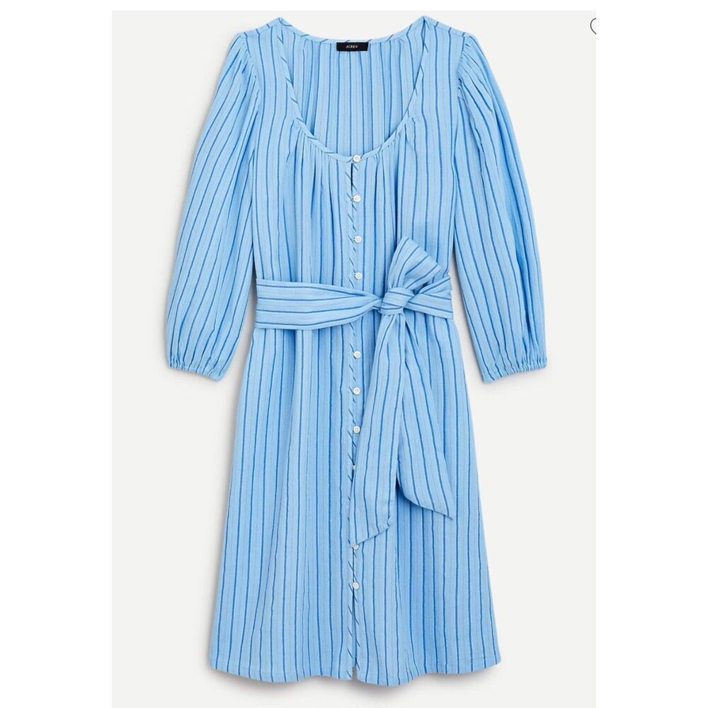 J Crew Balloon Sleeve Dress Blue Stripe Cotton Scoop Neck Belted